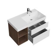 фото CUB.90.2Rh/WHTM.N Тумба Cubo/Кубо правая подвесная с ящиками 90, белая матовая- структ.орех КЕРАМА МАРАЦЦИ